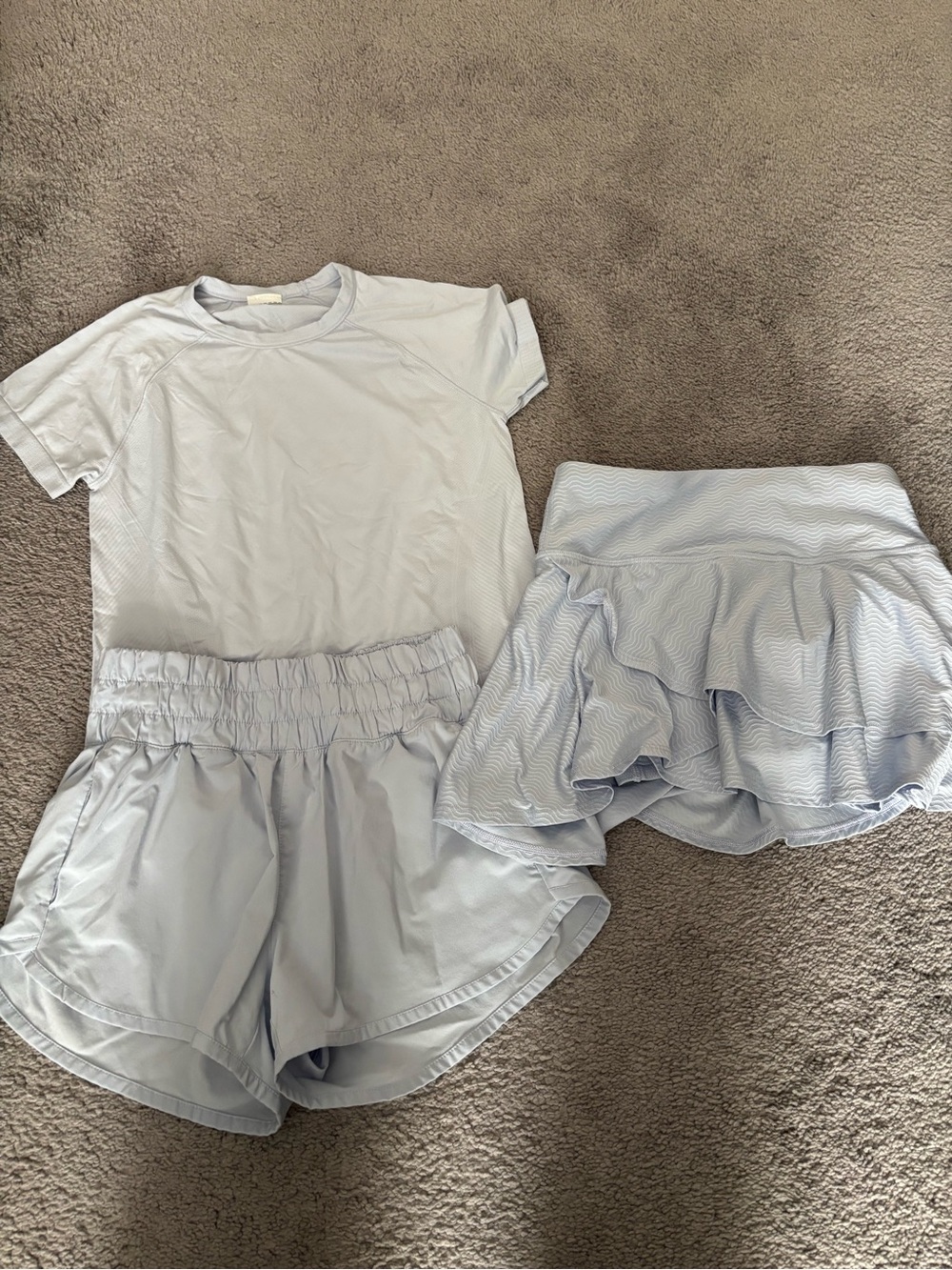 Bundle of girls size medium Light Blue Active Tee & Shorts Set and Ruffled Skort